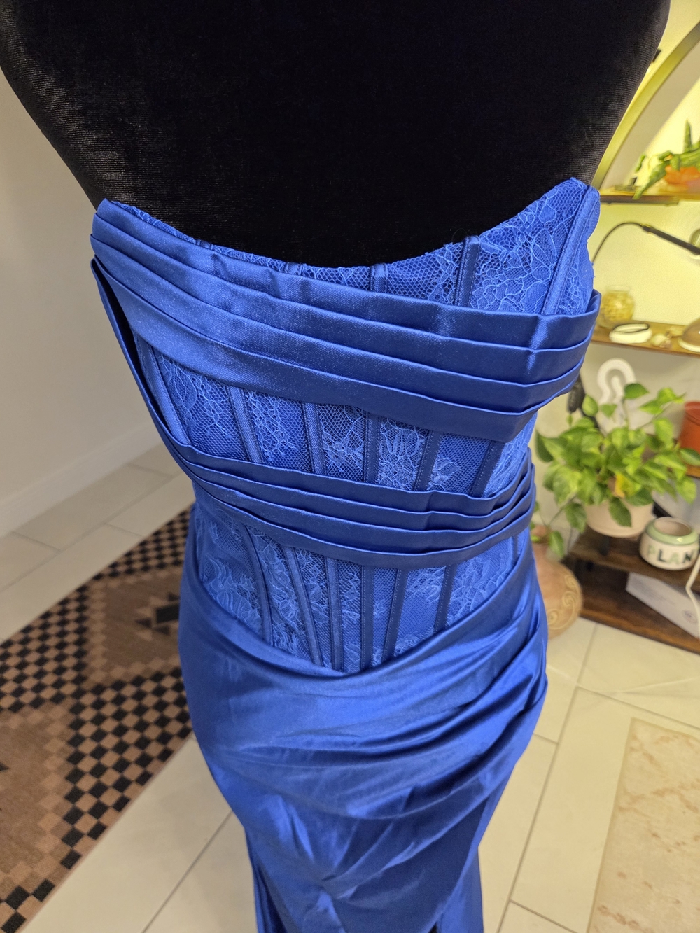 Royal Blue Corset Prom Formal Dress Satin Ruched High Slit Sz M - Picture 3 of 5